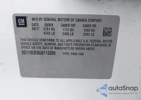 2018 Chevrolet Impala 1Lt z USA, uszkodzony, nr VIN 2G1105S38J9112280